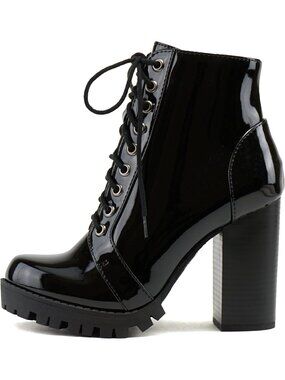 Women's Fashion Ankle Boot Lace up Military Inspired Stacked Heel Side Zipper